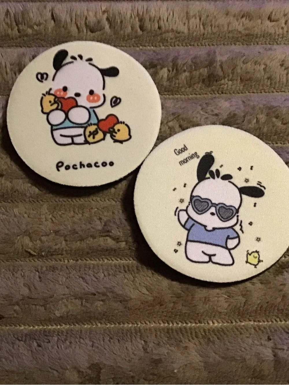Set of two foam car coasters pochacoo design - White with Black & Pastel Accents